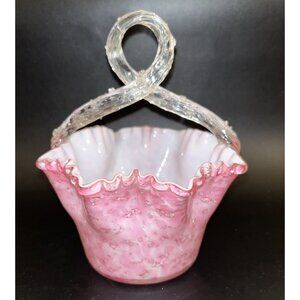 VTG Pink Cased Glass Basket Twisted Loop Thorned Applied Handle Speckled Silver